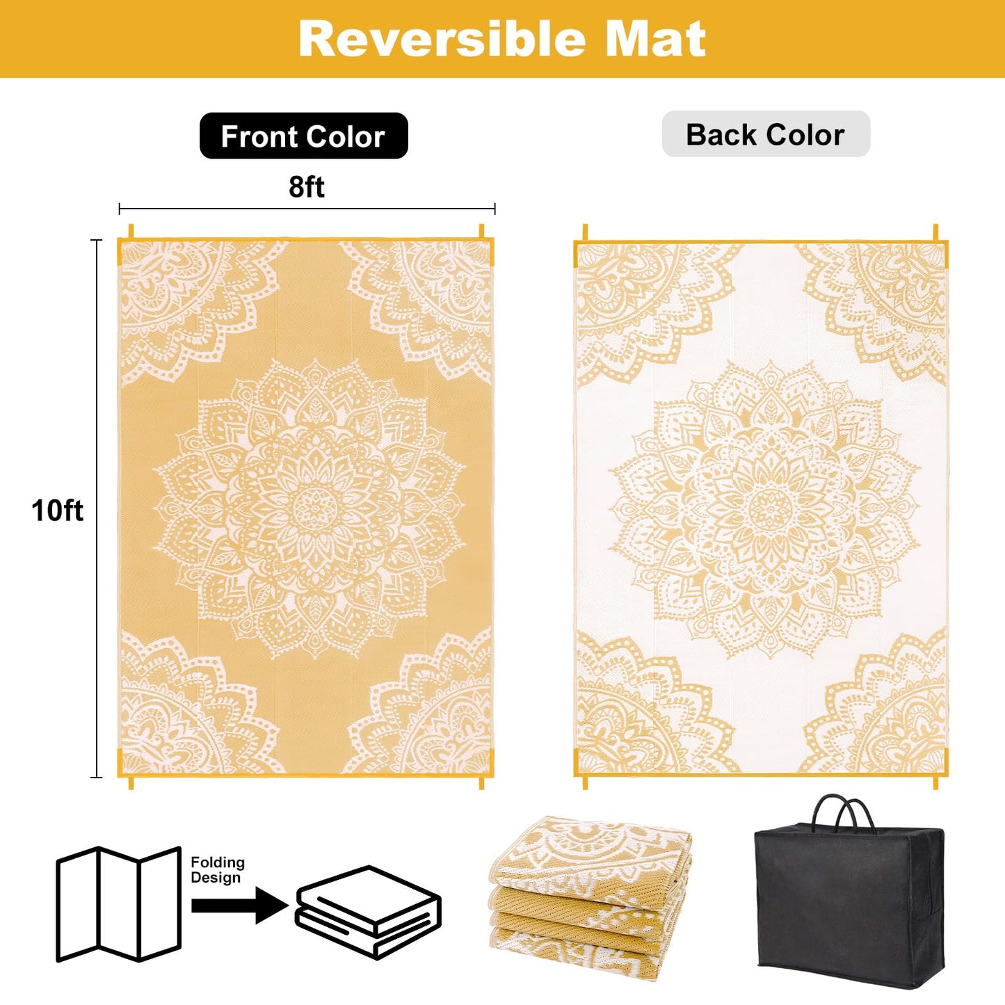 Yamaziot Waterproof Outdoor Rug 8x10 ft, Reversible Plastic Straw Rug for Patio Clearance, Camping, RV Mat, Large Outside Rug Carpet for Porch, Deck, Backyard, Balcony, Picnic, Yellow