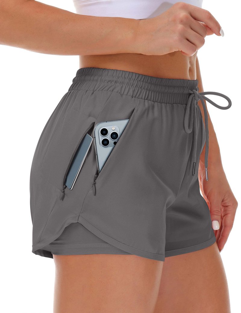 Mancreda Women's Running Shorts with Liner 3 Zipper Pockets Elastic Workout Athletic Gym Yoga Shorts(DGA,XL)
