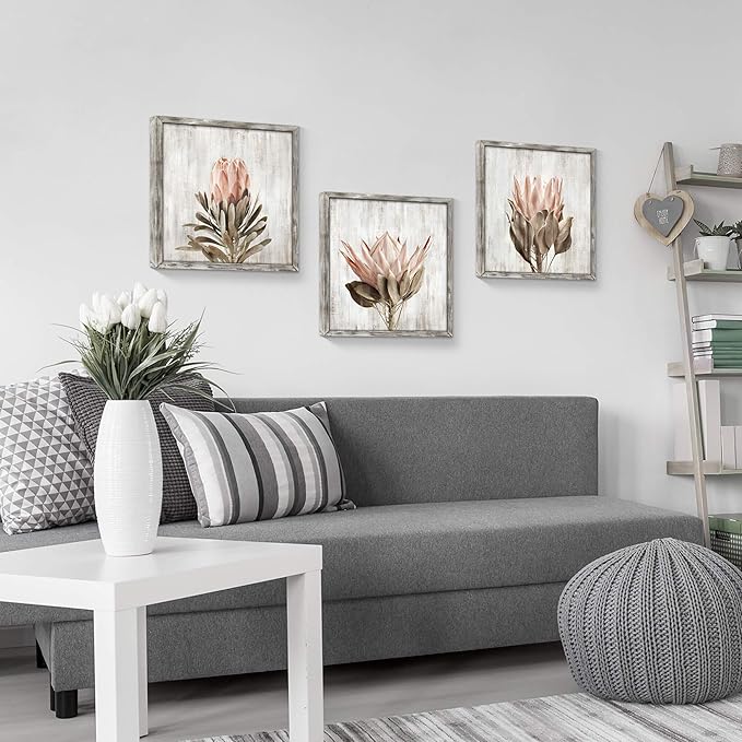 Pink Floral Wall Art Picture: Blossom Protea Flower Artwork Print on Rustic Wood Framed for Home Decor (16” x 16” x 3 Panels)