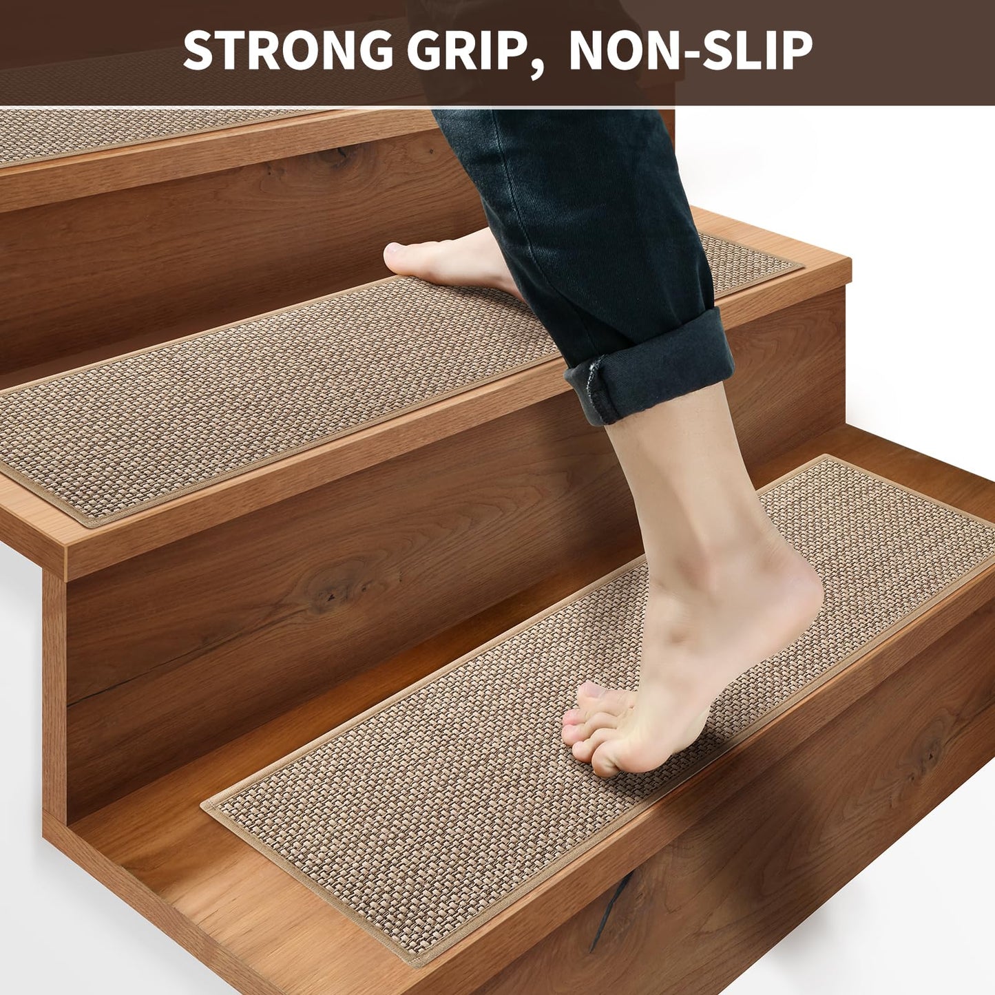 GROWLING Linen Stair Treads for Wooden Steps Indoor 30x8 inch, 15pcs Upgraded Self Adhesive Backing Non Slip Stair Carpets, Peel and Stick Stair Runner Rugs, Reusable Staircase Step Treads(Beige)