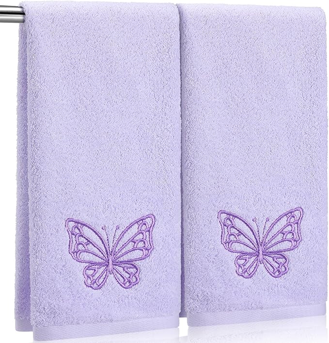 2 Pcs Butterfly Hand Towels Light Purple Bathroom Decor 14x29 Inch Embroidered