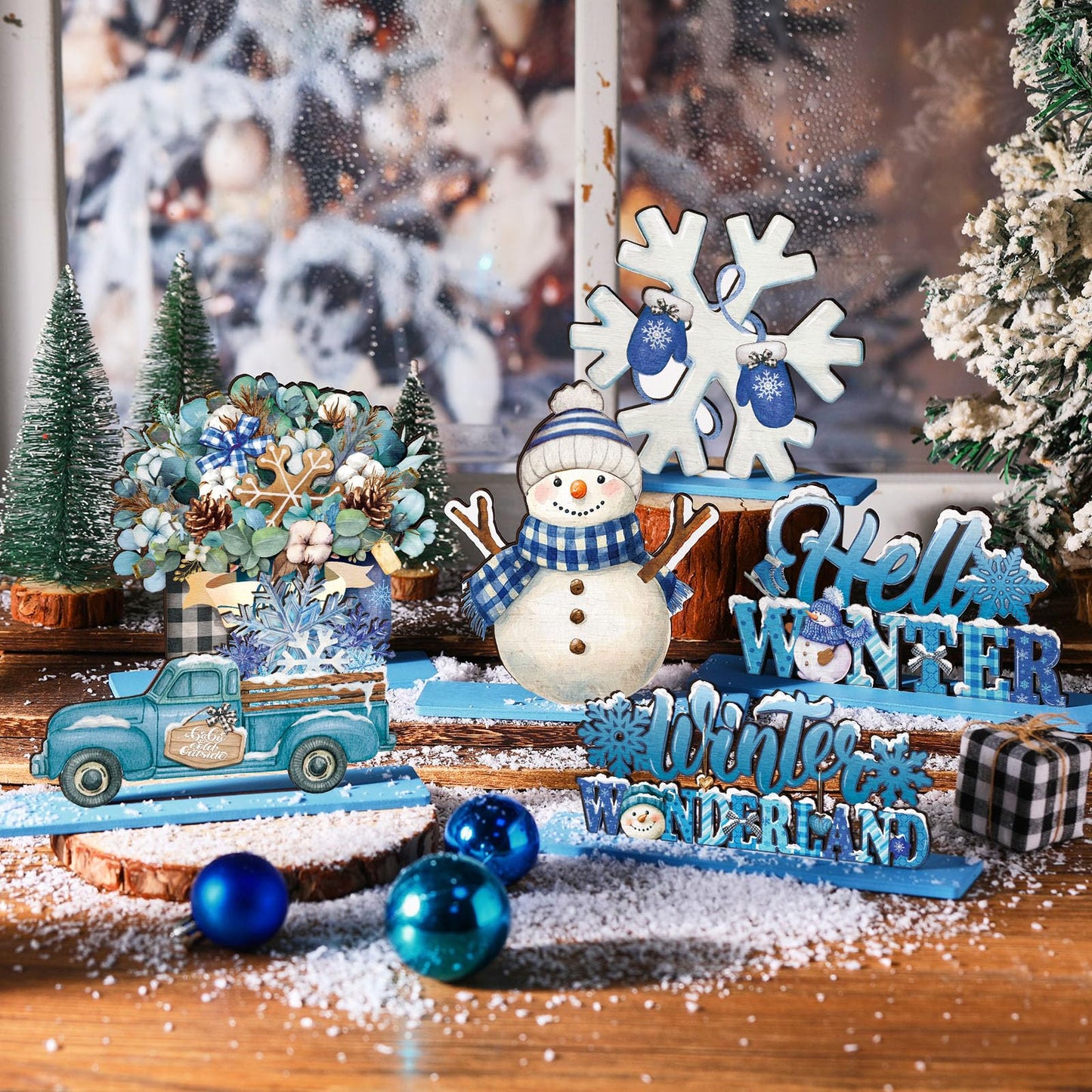 Realspring 6 Pcs Winter Table Decorations Winter Wooden Wonderland Snowflake Snowman Table Centerpieces Blue Christmas Tabletop Signs Rustic Farmhouse Desk Topper for Party Office Decor Supplies