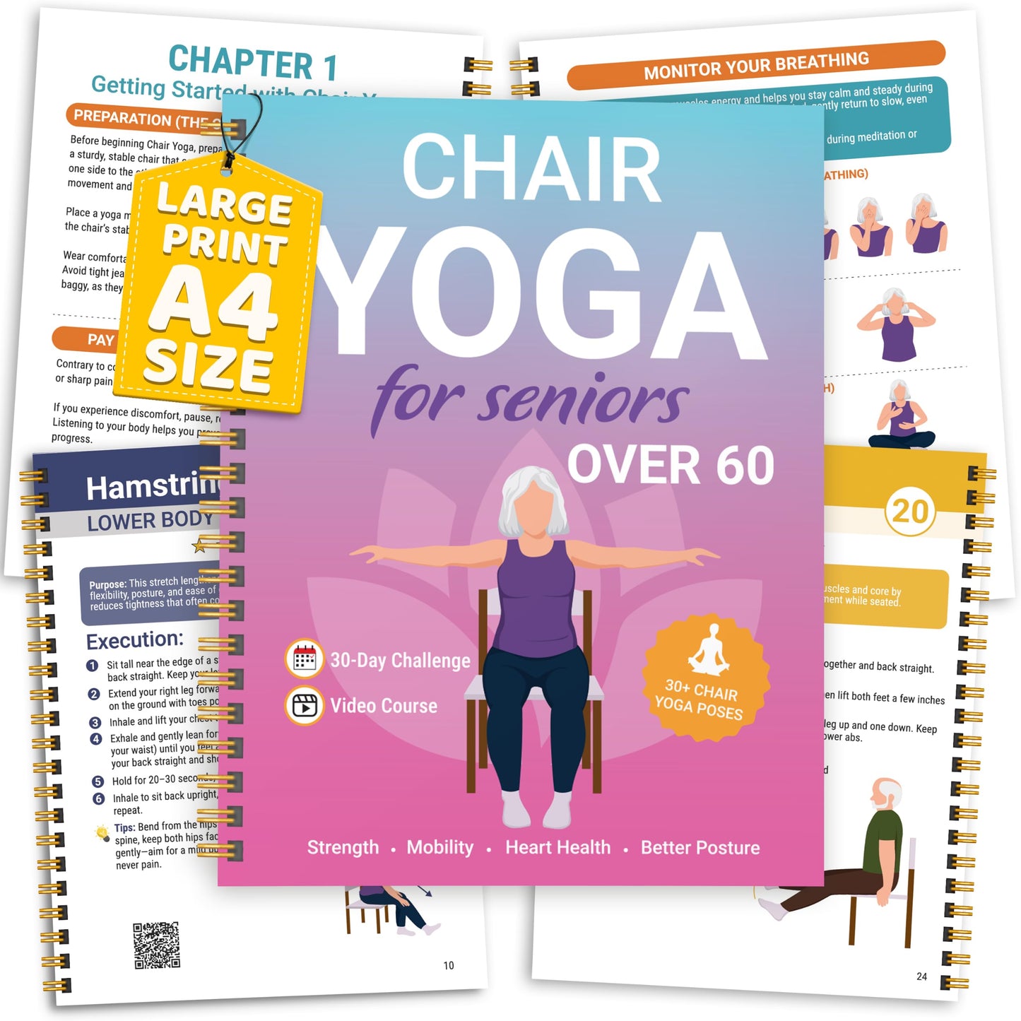 Chair Yoga for Seniors Over 60 Book and Chart, 30 Poses with Video Guide, Spiral Bound, Large Print, 30-Day Laminated Chart, Seated Exercises for Weight Loss, Flexibility, Gift for Women and Men