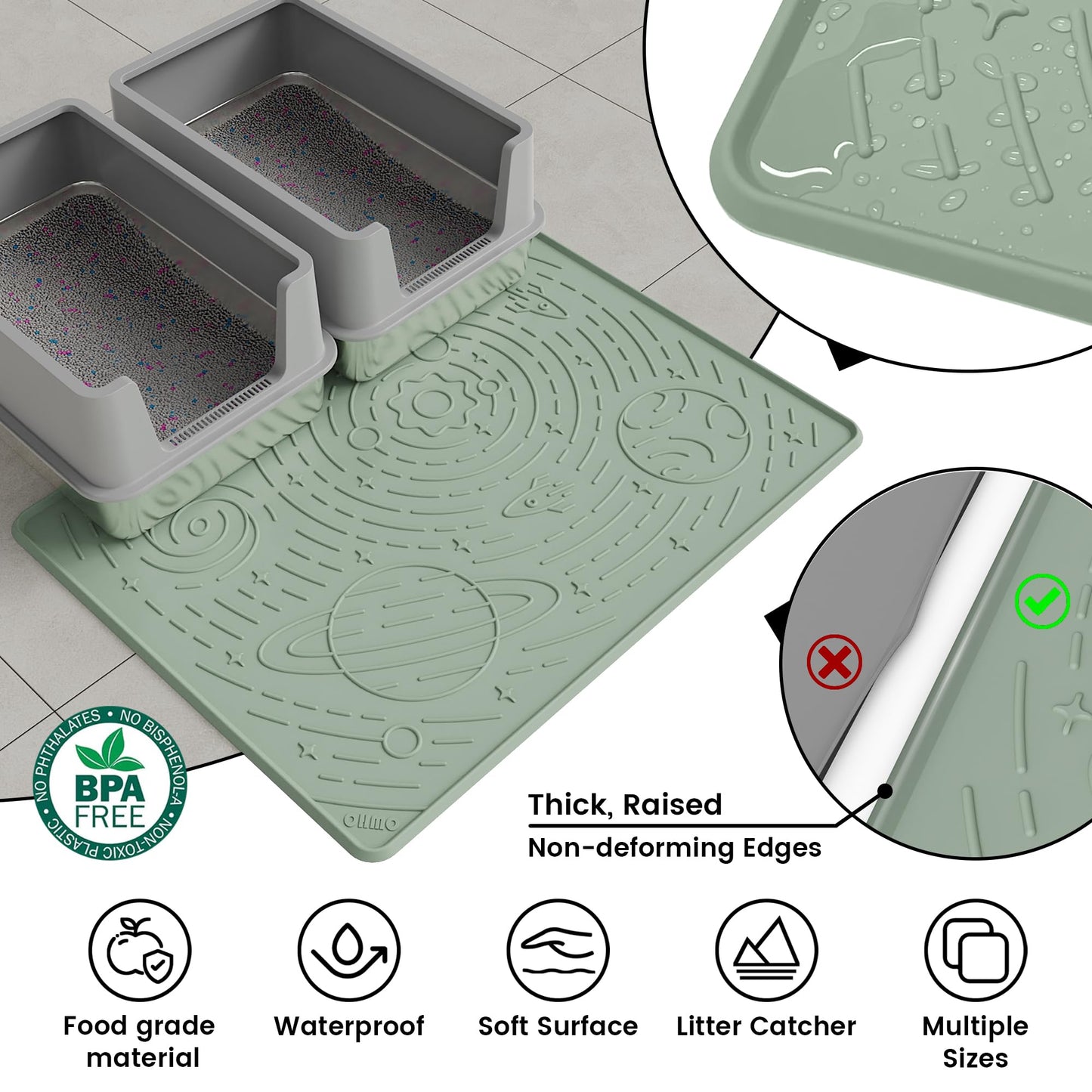 OHMO Cat Litter Mat Large Litter Box Mat, 31.5x23.6 Sage Green, Premium BPA-Free Silicone Rubber Kitty Litter Mat for Litter Box, High Edge Scatter Control Non-Slip Waterproof Litter Trapping Mat