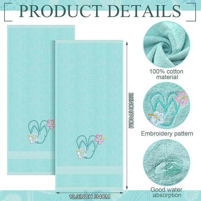 2 Pcs Flip Flops Hand Towels Mint Green Bathroom Decor 14x29 Inch Embroidered