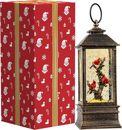 Christmas Snow Globe Lantern Water Glittering 10'' Cardinal with Music & Timer, USB Lined/Battery Operated Lighted Lantern for Christmas Festival Decoration Gifts
