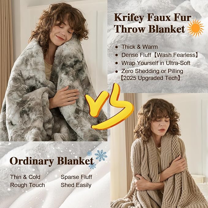 Krifey Grey Faux Fur Blanket Queen Size for Bed, 3D Marble Texture Soft Cozy Fuzzy Plush Thick Warm Blanket, Luxury Christmas Birthday Gifts for Women Mom Men, Room Decor, Marbled Grey, 90x90in