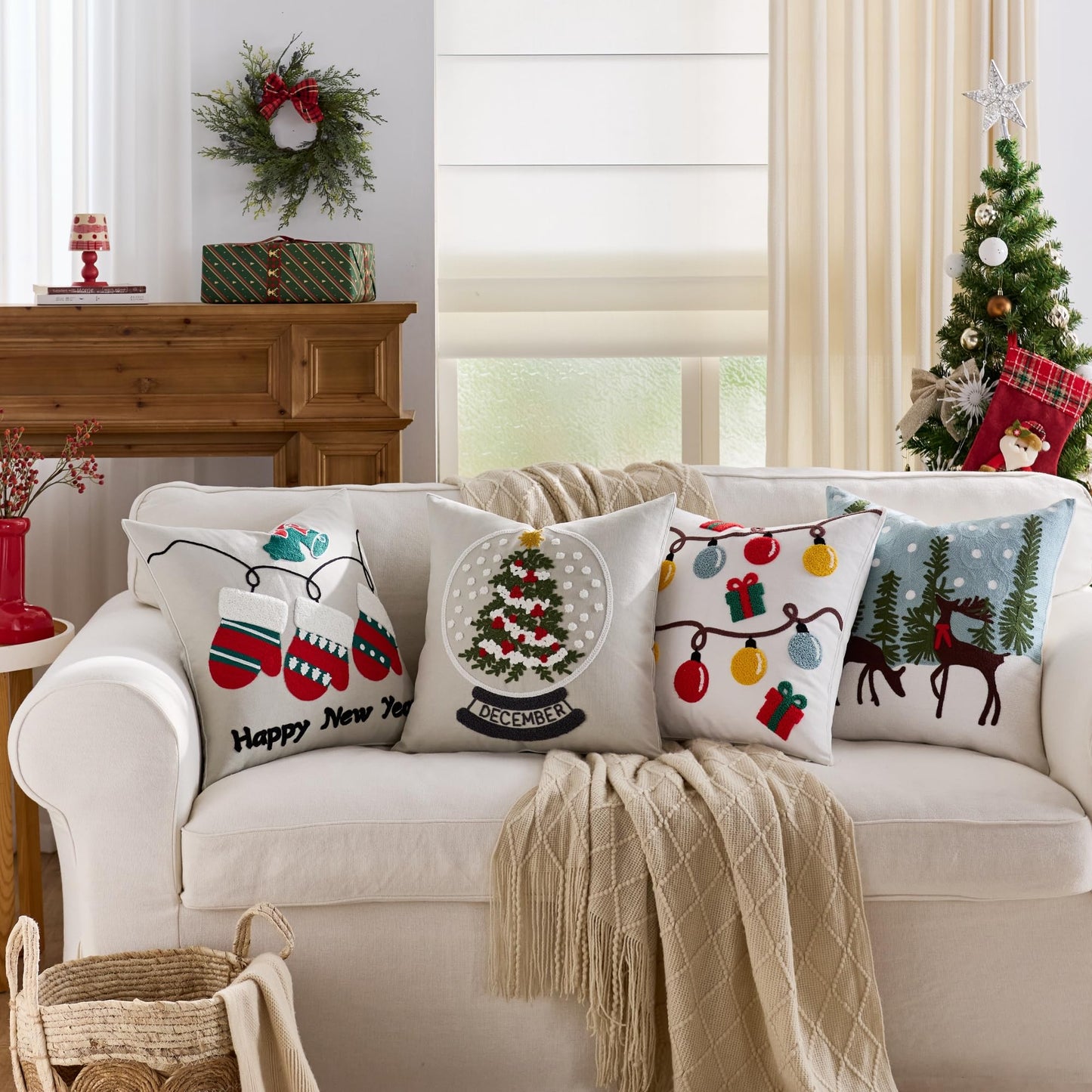 Farmhouse Christmas Pillow Covers 18x18 Set of 2, Xmas Embroidered Throw Cushion Cases with Festive Patterns for Rustic Home Holiday Decor (Gnome Trio White, 18" x 18" (Pack of 2))