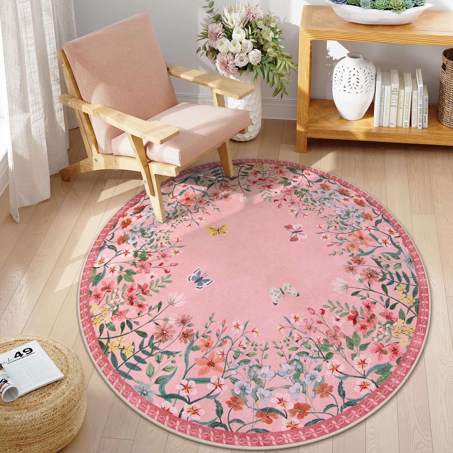 Wonnitar 5ft Round Washable Area Rug, Pink Floral Nursery Rug, Low Pile Soft Circle Rug for Kids Playroom, Boho Flower Accent Carpet, Girls Room Vanity Decor (5ft Round Pink)