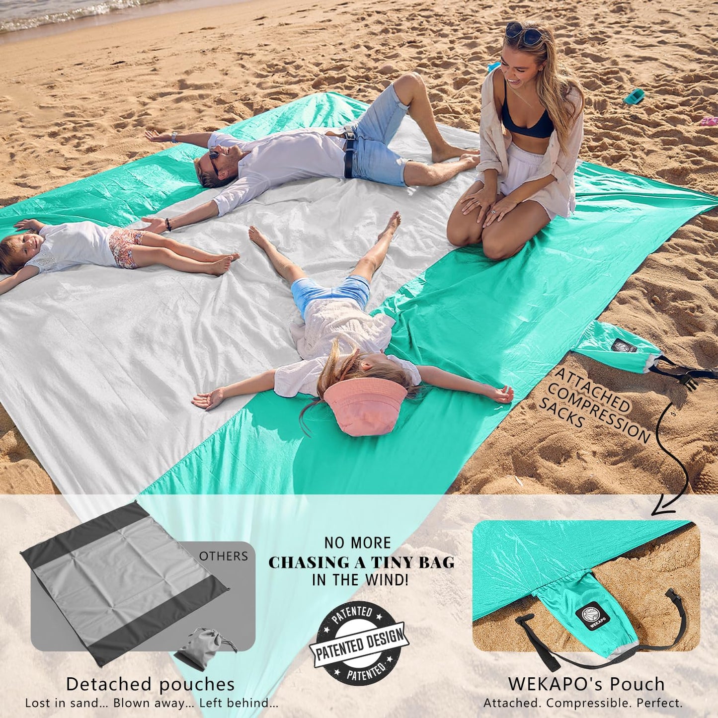 WEKAPO Beach Blanket - Sandproof Waterproof Extra Large Beach Mat | Oversized Sand-Free Lightweight Quick-Drying | Beach Vacation Essentials with Stakes & Corner Pockets (Turquoise, 7x7 FT)