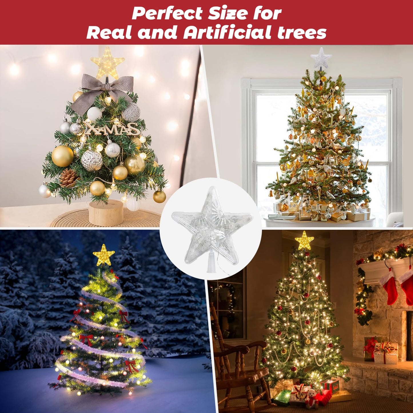 Christmas Tree Topper, Battery Powered Light up 9 Inch Star Tree Topper with Topper Stabilizer Supporter, White Xmas Star Treetop Toppers Christmas Tree Decorations Ornaments for Holiday Home Decor