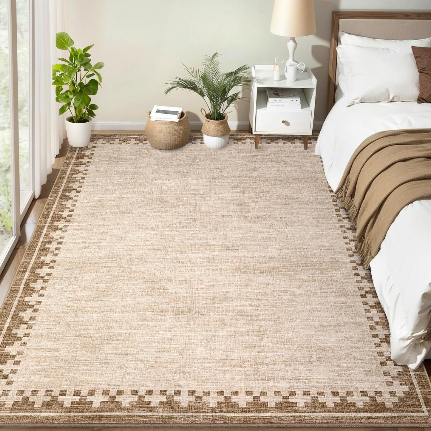 GarveeHome Neutral Bedroom Area Rugs 4x6 Washable Living Room Rugs Non Slip Stain Resistant Modern Border Throw Carpet Cross Pattern Geometric Low Pile Indoor Rugs for Dining Room Nursery Dorm, Beige