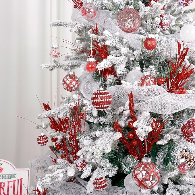 Super Holiday Christmas Ball Ornaments, 33PCS Red Clear Shatterproof Plastic Foam Ornaments Set for Hanging Xmas Tree Holiday Thanksgiving Party Decor.