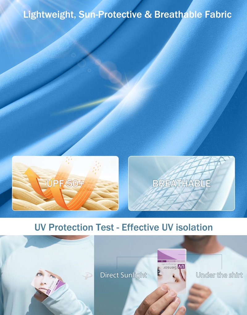 Pudolla Mens Sun Protection Shirts UV SPF T-Shirts UPF 50+ Long Sleeve Rash Guard Fishing Running Quick Dry(Sky Blue M)