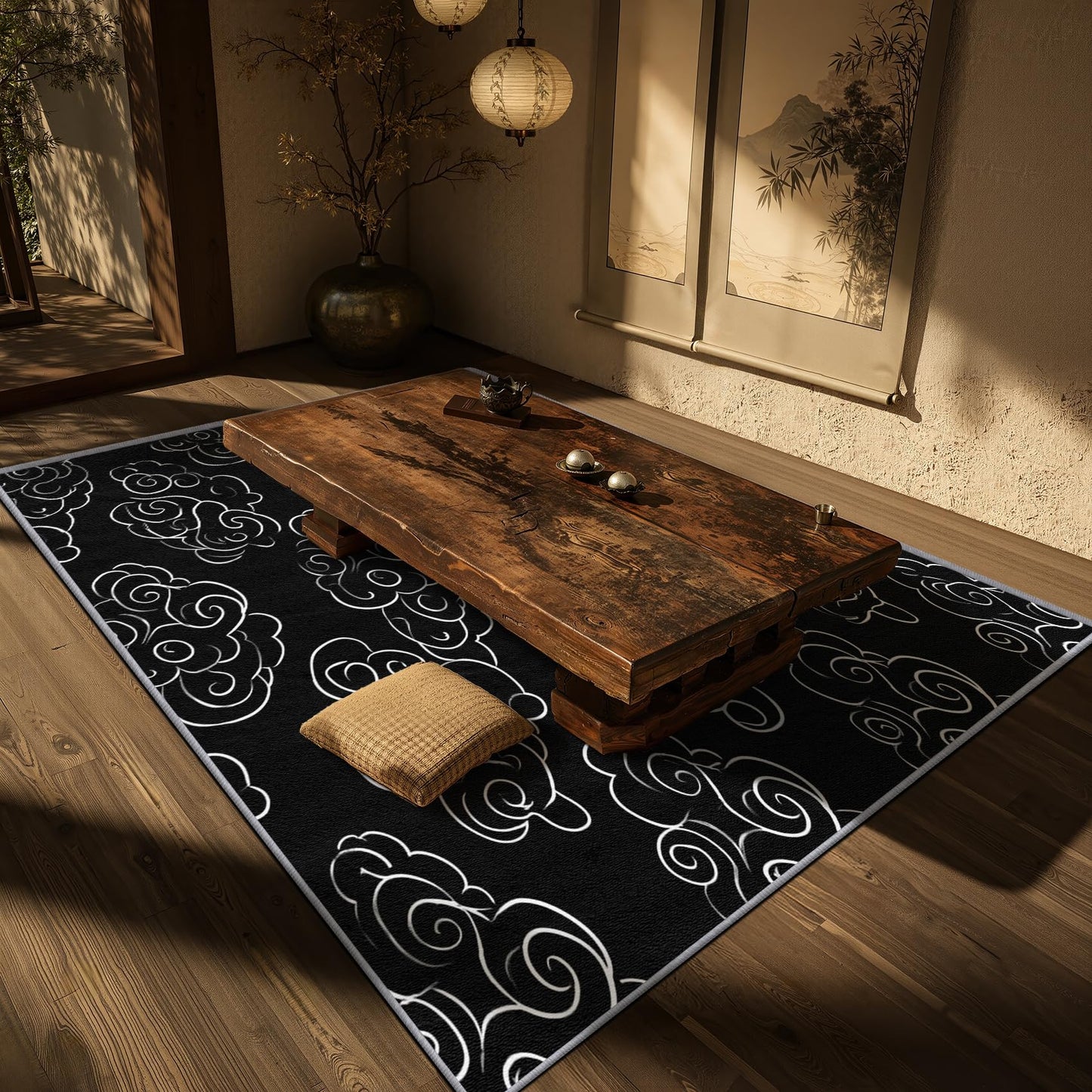 Aquailis Japanese Rugs for Living Room - 2x3 Rug, Cloud Area Rug, Black and White Washable Non Slip Soft Rugs, Asian Oriental Carpet, Minimalist Cloud Home Decor, Japanese Gifts for Women