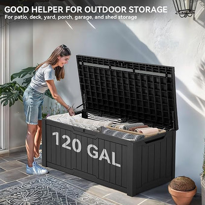 YITAHOME Outdoor Storage Box, 120 Gallon Waterproof Deck Box for Garden Tools, Patio Cushions, and Pool Accessories, Lockable, Easy Assembly, Versatile Bench or Table (Dark Gray)