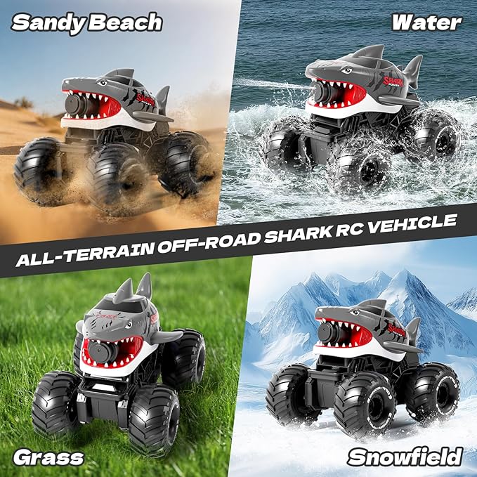 Gesture Sensing Amphibious Remote Control Gray Shark Monster Truck with Water Squirt 4WD 1:16 RC Car All-Terrain Waterproof RC Tank Pool Toy Outdoor Summer Gifts for Kids Age 6+（2 Replaceable battery)