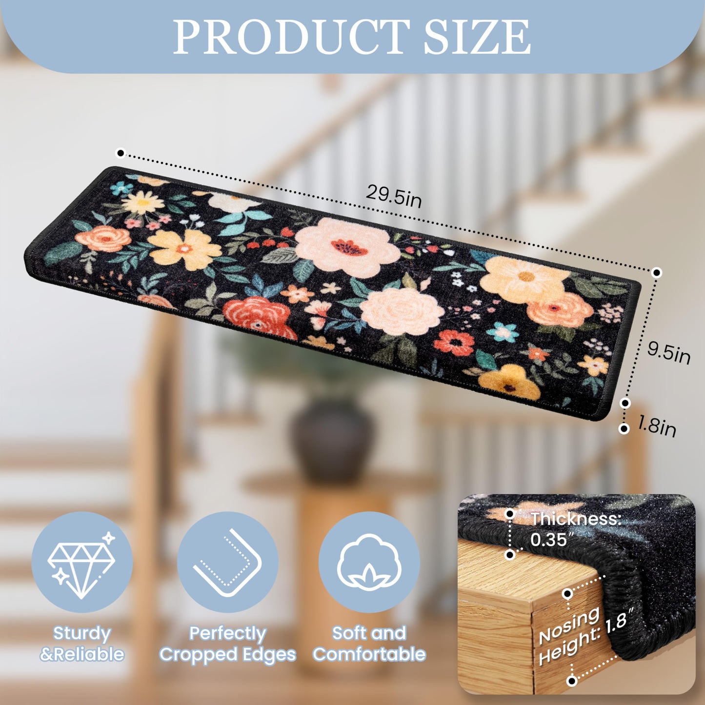 RORA Bullnose Stair Treads for Wooden Steps,Non-Slip Peel and Stick Stair treads Stair Carpet for Indoor Runner and Pets,Floral Stair Rugs,Soft Washable Staircase 14pcs 29.5 ''x9.5 ''x1.5 ''