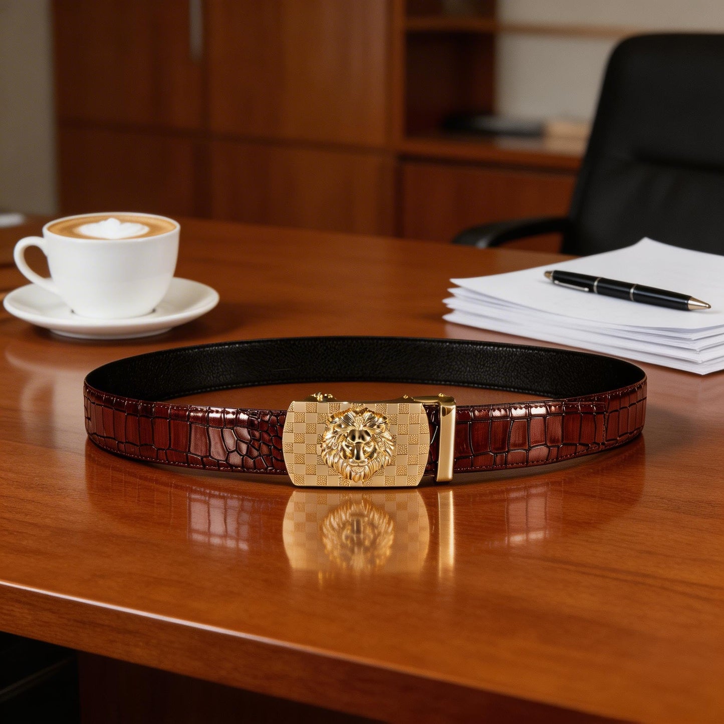 Dubulle Mens Belt Gold Ratchet Buckle Designer Vintage Brown Leather Strap Formal Dress Business Casual