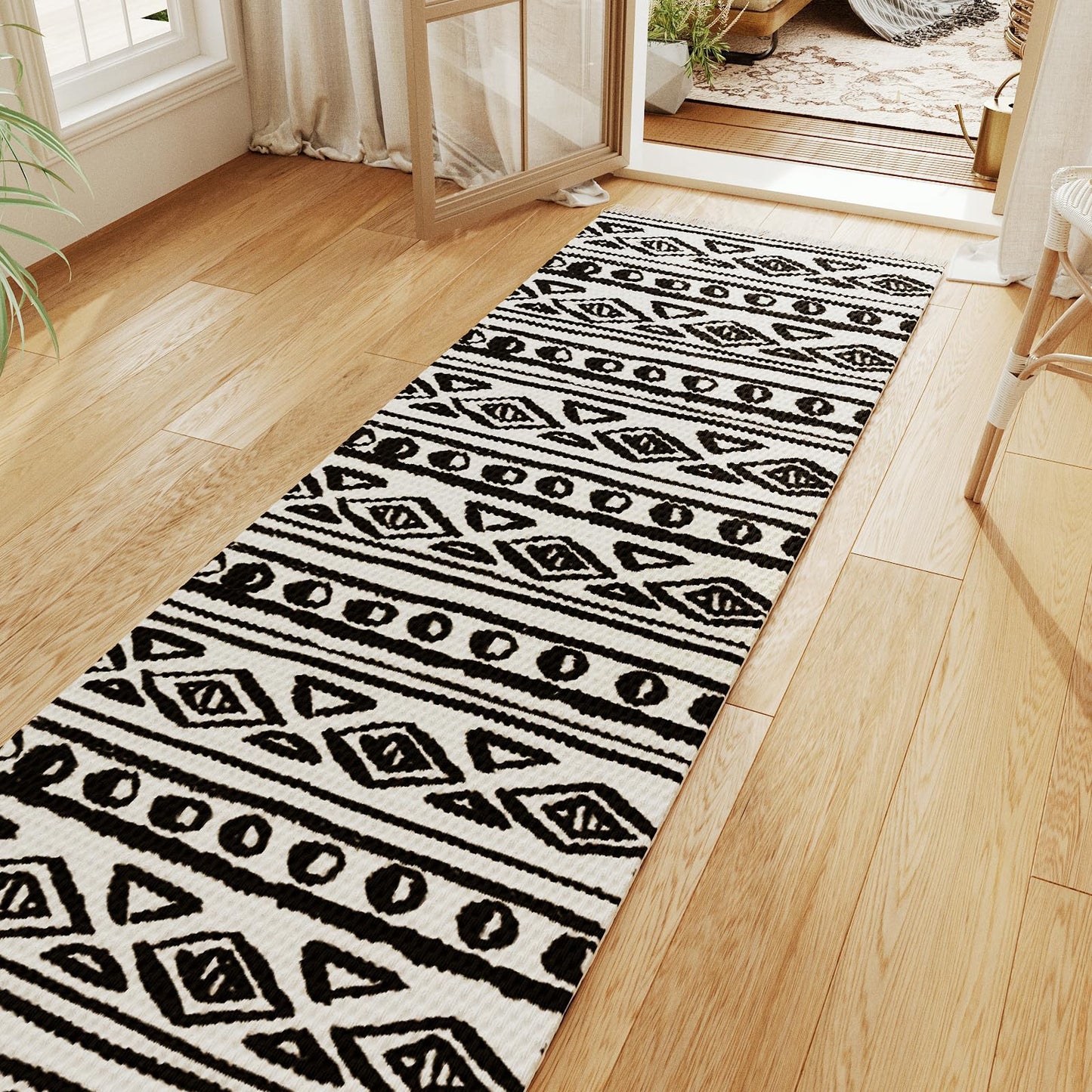 H.VERSAILTEX Handwoven 2x5 ft Boho Runner Rug with Tassels - Low Pile Easy Clean Washable Entryway Rug, Non-Slip Kitchen Runner for Hallway, Laundry Room, Corridor - Floor Mat(1 Pack,Black/White)