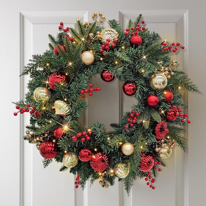 28’’ Pre-Lit Artificial Christmas Wreath, Battery Operated 35 LED Lights with Faux Greenery, Pine Cones, Berries for Front Door, Xmas Wreath for Holiday Christmas Home Decorations