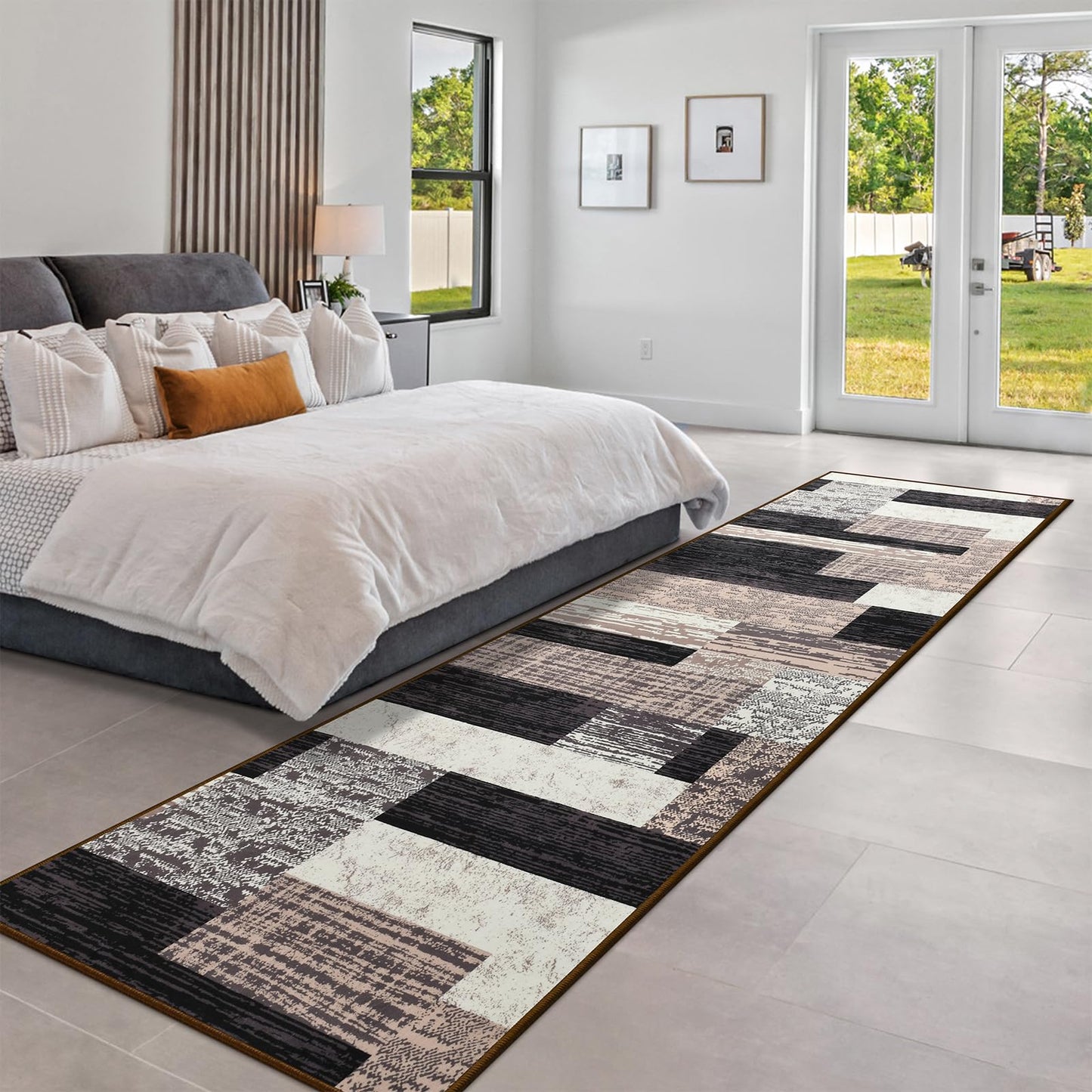 Indoor Runner Rug, Washable Runner Rug with Rubber Backing, Modern Geometric Patchwork Aesthetic Carpet for Bedroom, Living Room, Hallway, Entryway, Washable Rugs Rockwood Collection,2.7x8Ft Chocolate
