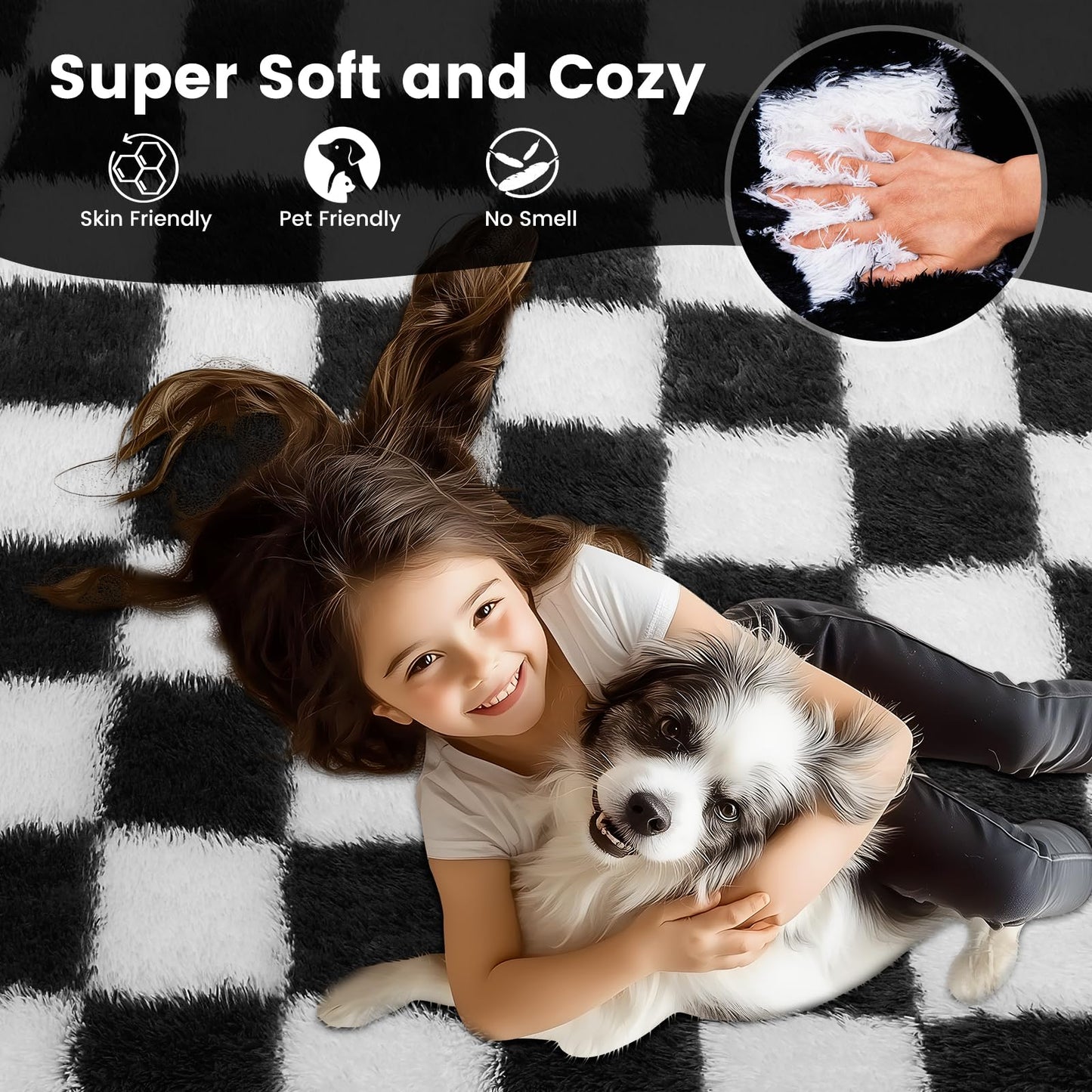 Ecoshag Soft Rugs for Living Room, 5x7 Ft Black and White Checkered Fluffy Shaggy Rugs for Indoor Use, High Pile Ultra Fuzzy Rug for Bedroom Kids Nursery Rooms,Home Decor Aesthetic