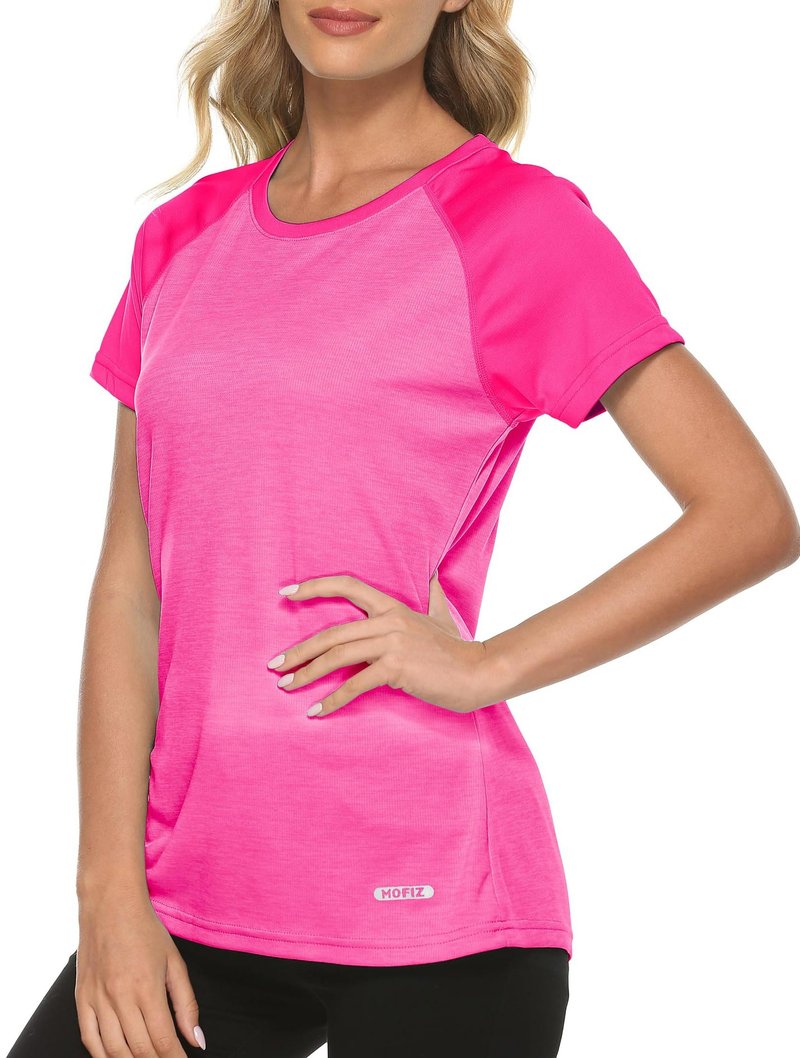 MoFiz Lady's Short Sleeve Sports Top Shirts UPF 50+ Sun Protection Lightweight Athletic Gym Workout T-Shirts for Women Rose Red L