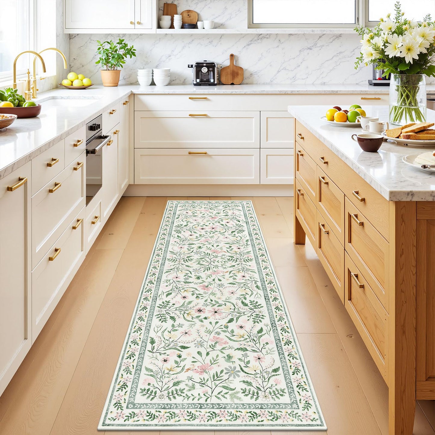 SHACOS Floral Runner Rug for Hallways, Non Slip 2'6"x8' Washable Boho Runner Rugs with Rubber Backing, Soft Floral Low-Pile Carpet for Laundry Kitchen Living Room Nursery Bedroom Indoor, Green