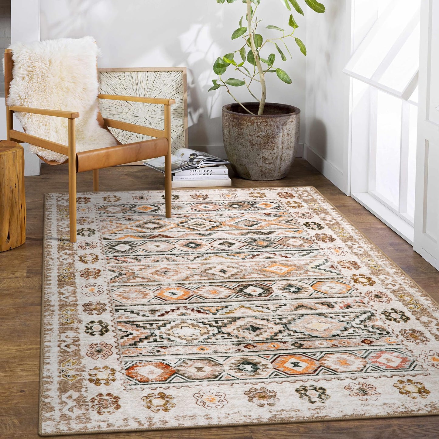 Wonnitar Boho Washable 5x7 Rugs, Moroccan Trellis Living Room Area Rug, Non-Slip Large Rug for Bedroom, Non-Shedding Western Ultra-Thin Floor Carpet for Kitchen Closet Dorm (Khaki/Multi,5'x7')