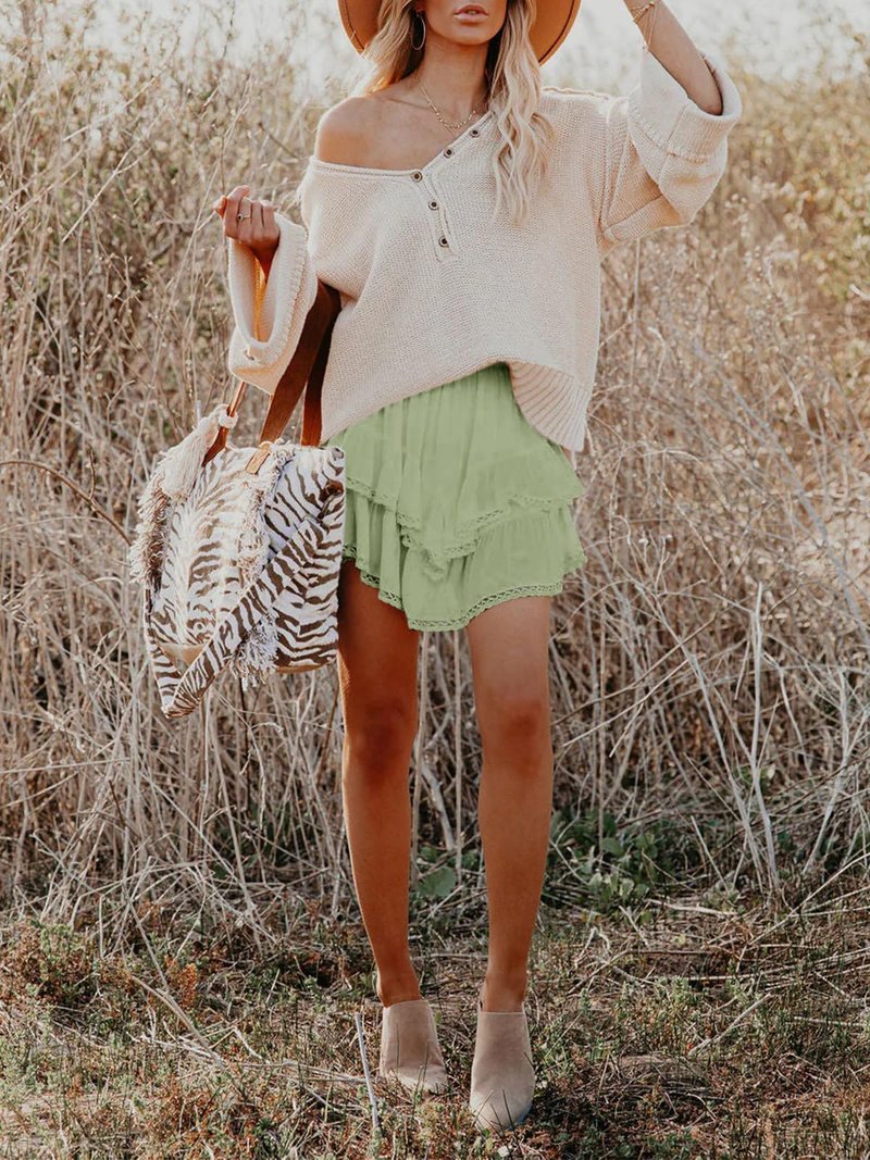 Aoudery Flowy Shorts for Women Casual Boho Ruffle Tiered Skorts High Waist Mini Skirts Golf Tennis Butterfly Crochet Shorts - Grey Green XS
