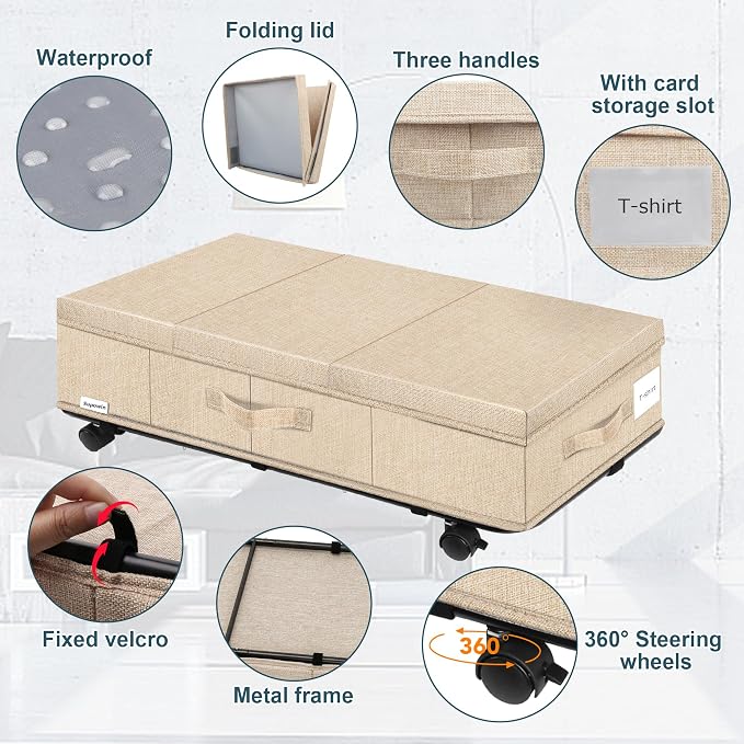 Supowin Under Bed Storage with Wheels, Rolling Underbed Storage Containers with Lids, Under Bed Shoe Storage Bins Organizer with Reinforced Metal Bottom Support and Three Handles