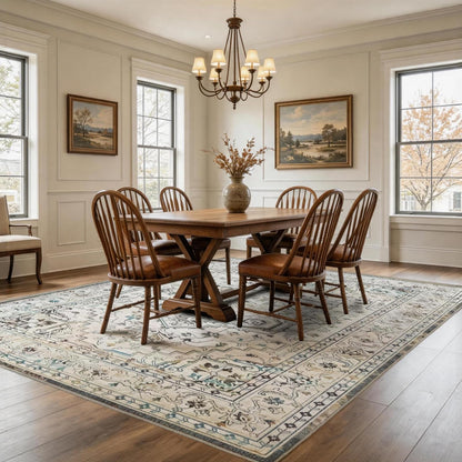 Vintage Washable Area Rug 8x10, Non-Slip Low-Pile Farmhouse Persian Carpet for Living Room Dining Room Bedroom, Stain Resistant Traditional Indoor Rug, Neutral Cream Blue