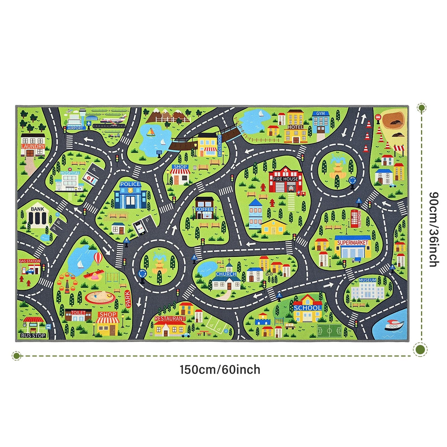 B BENRON Kids Car Play Rugs - 36"x60" Learning and Fun City Road Map Play Mat for Playing with Cars Trucks, Non-Slip Playmat for Nursery, Playroom Bedroom and Classroom, Machine Washable