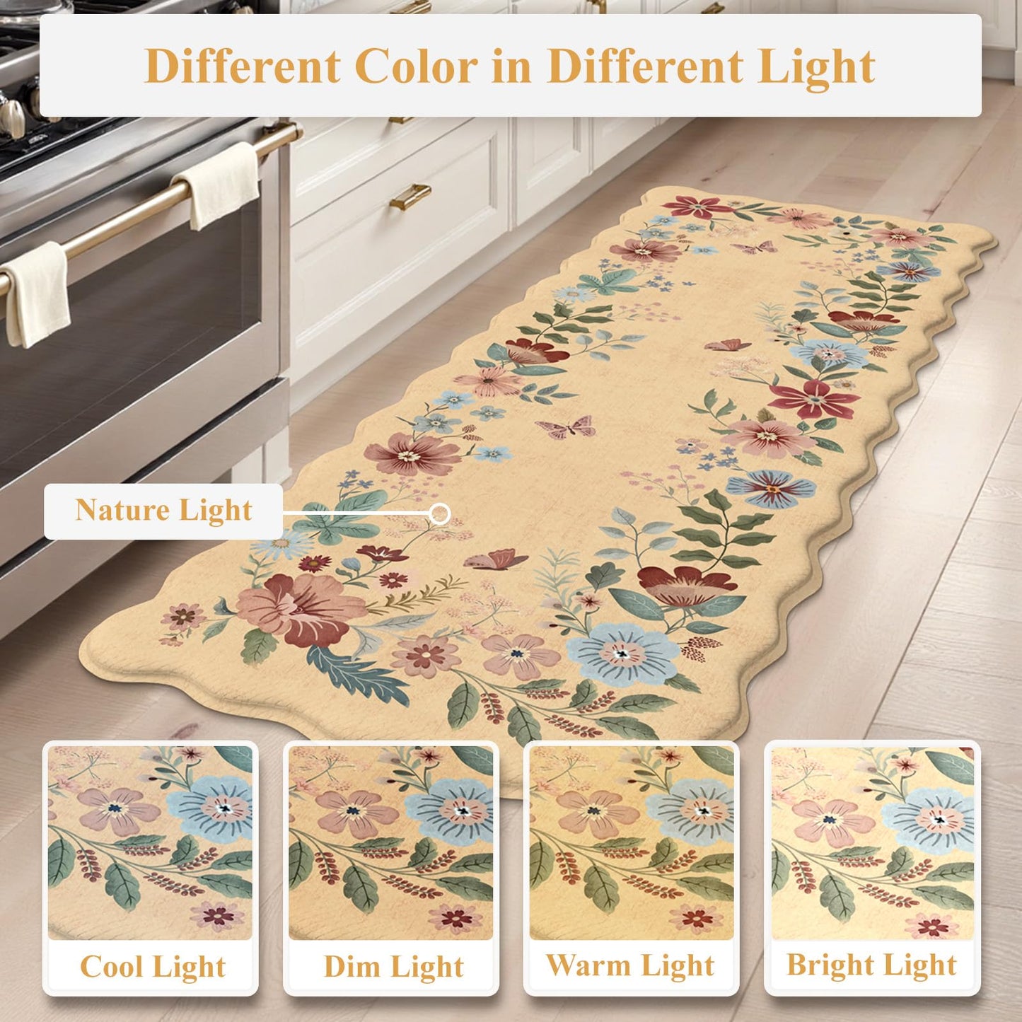 Collive Kitchen Floor Mat Cushioned Anti Fatigue, Scalloped Waterproof Kitchen Sink Rugs Non Skid Sets of 2, Memory Foam Comfort Standing Mats Boho Floral Desk Carpet for Laundry, Office, Home Decor