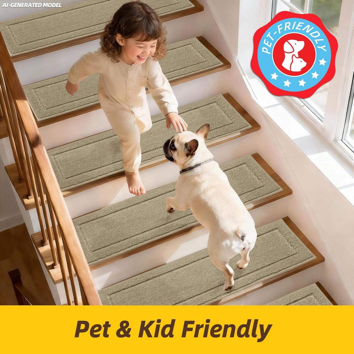JSEI Stair Treads for Wooden Steps Indoor, 15-Pack Non Slip Stair Treads 30" x 8", Washable Polyester Stair Mats with TPE Backing, Low Profile Stair Rugs for Kids, Seniors and Dogs, Beige