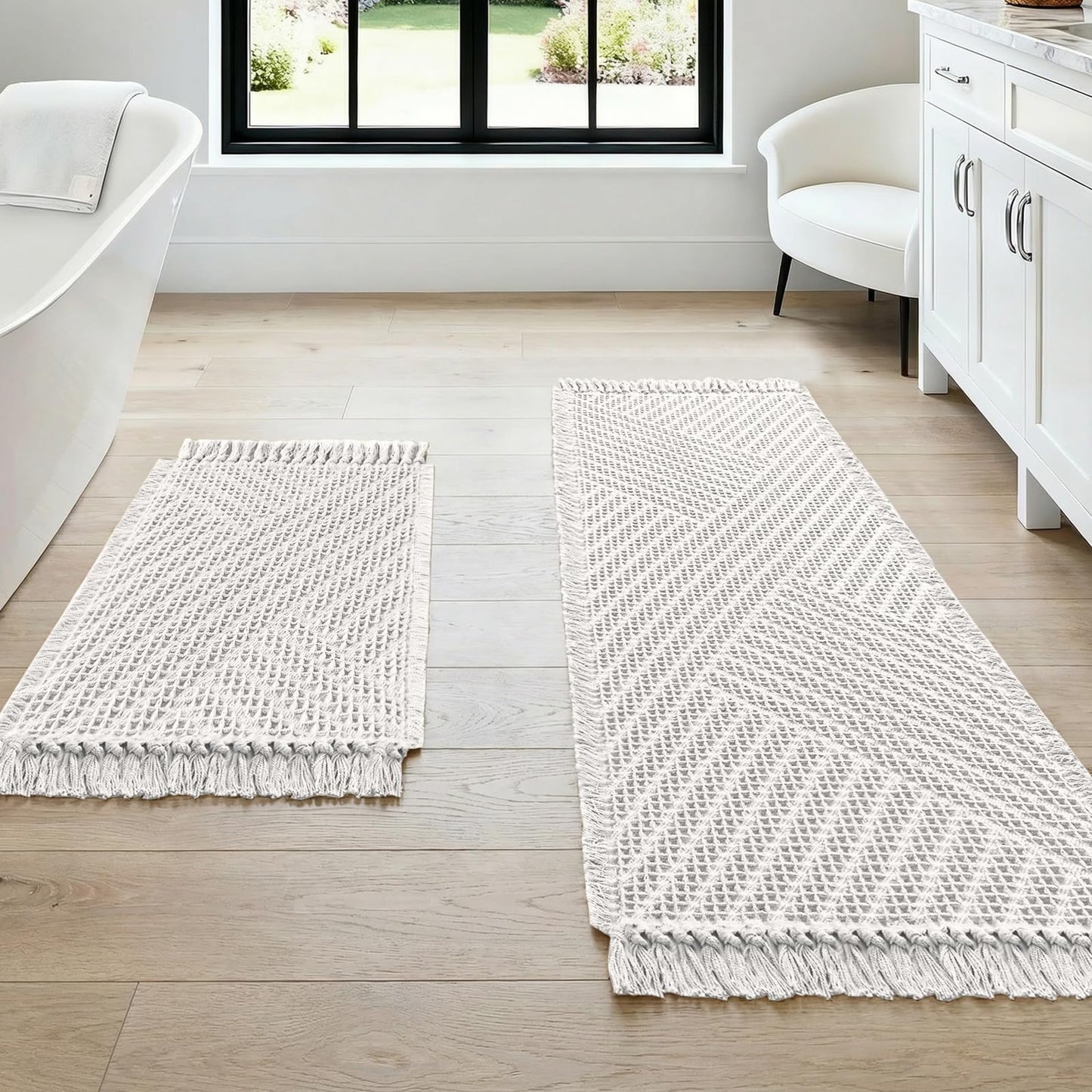 H.VERSAILTEX Waffle Bath Mat Super Absorbent Boho Bath Mat Non Slip Bath Rugs for Bathroom Floor Machine Washable Dry Fast Bathroom Rugs with Tassels (47 x 17 Plus 17 x 24 Inches, Ivory White)