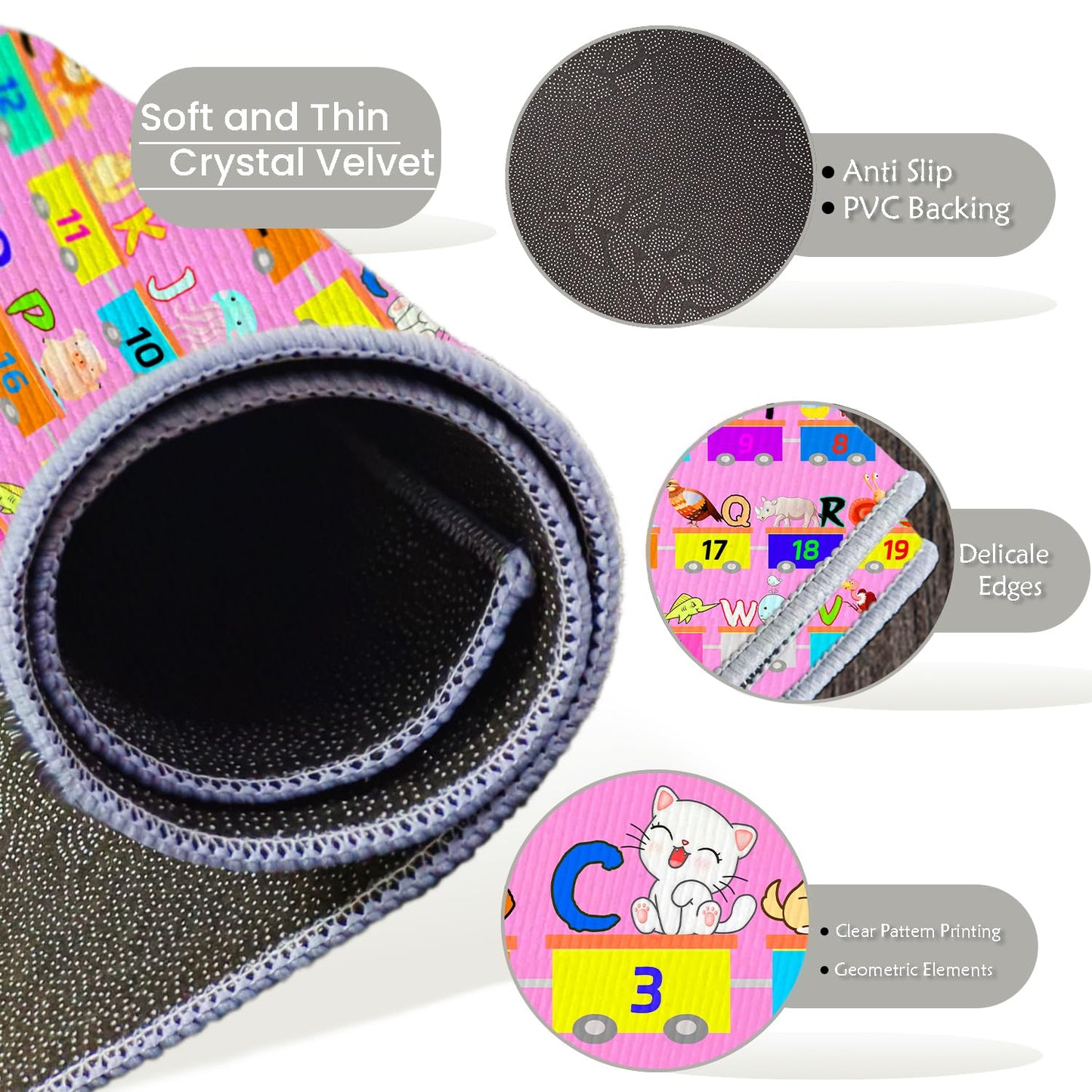 DoRlPIeY Kids ABC Pink Play Rug, Girl Alphabet Rugs with Numbers Animal Train and Road Shapes Learning Fun Educational Carpet, Playmat for Kid Bedroom Playroom(31x47 in Small Pattern)