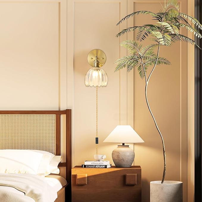 Plug in Wall Sconces Set of 2, Vintage Wall Sconce with Tulip Transparent Glass Lampshade, 180° Adjustable Wall Sconce with Switch and Plug in Wall Lamp Cord, Gold Wall Light Wall Decor Set of 2