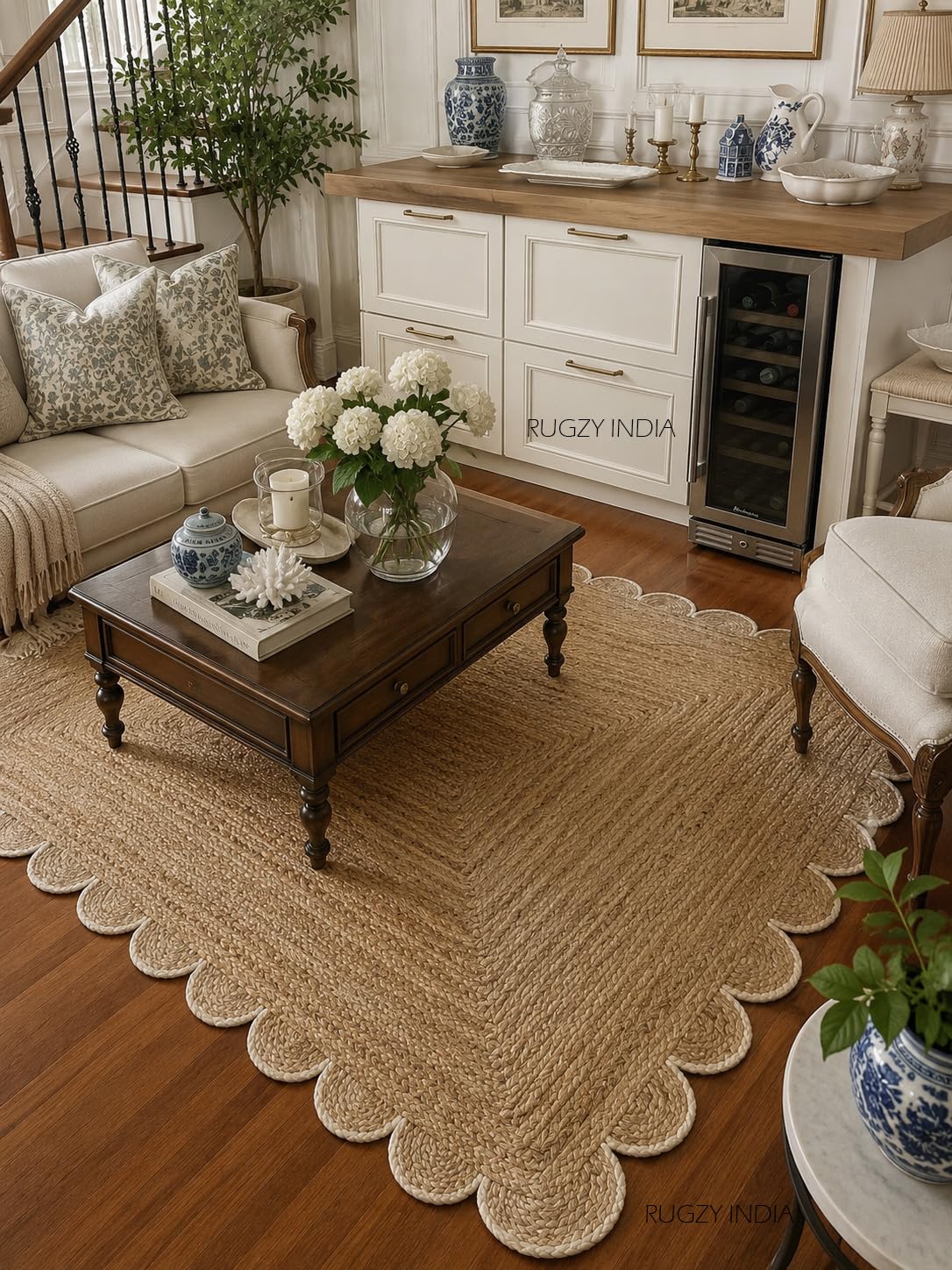 Scalloped Natural Jute Area Rug Natural Base Off White Trim (Off-White, 2'x3')