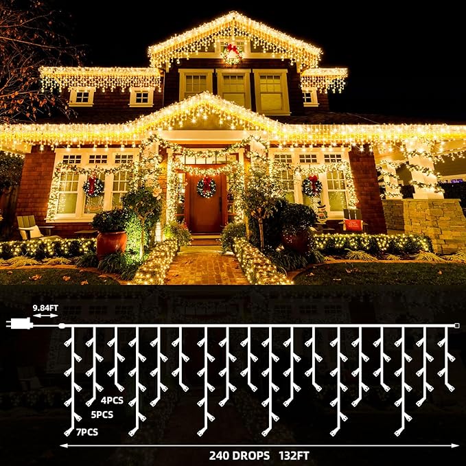 132Ft 1280 LED Christmas Icicle Lights Extra Long 8 Modes Waterproof Icicle String Lights with 240 Drops, Fairy Hanging Lights Decor with Remote for Xmas Wedding Indoor Outdoor(Warm White)