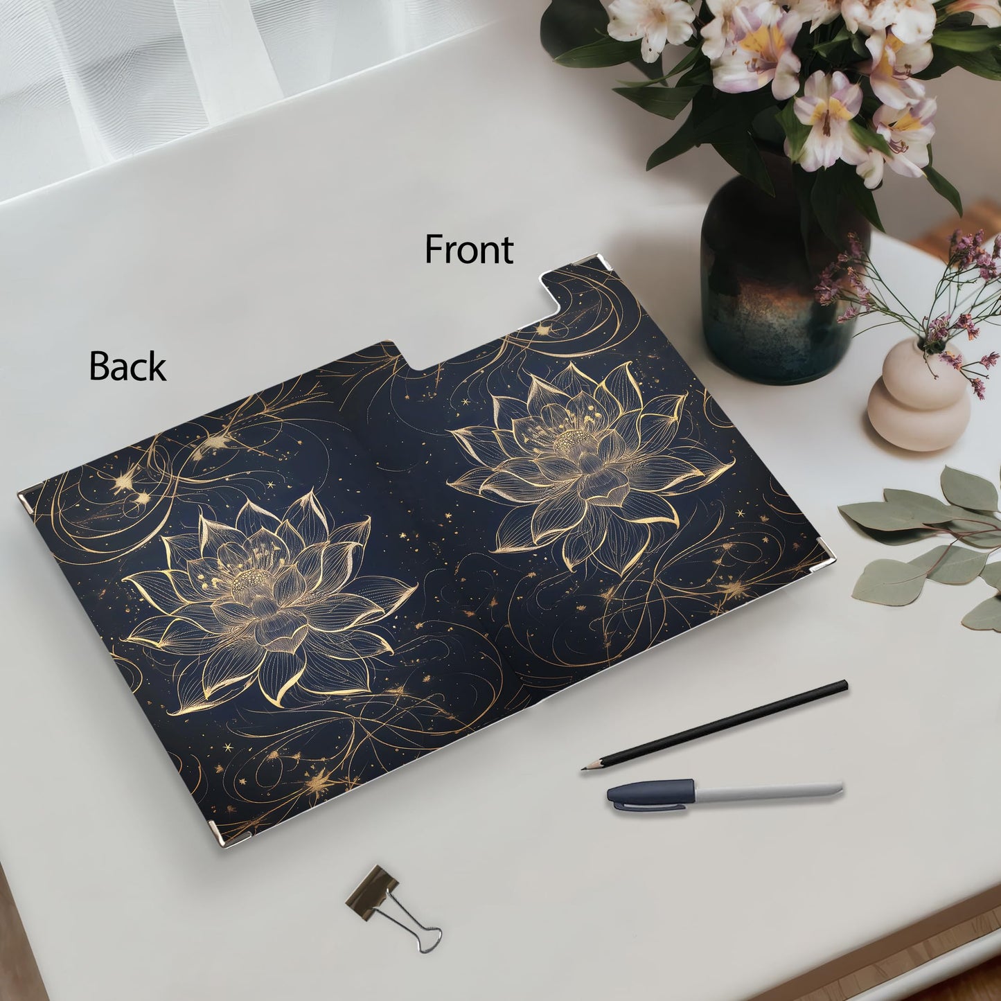 KU-DaYi Lotus Floral Clipboard Padfolio with Storage Pocket, Meditation Spiritual Lotus Flower Low Profile Clip Boards for Nurse Office Classroom, 12.4 x 9.25 in