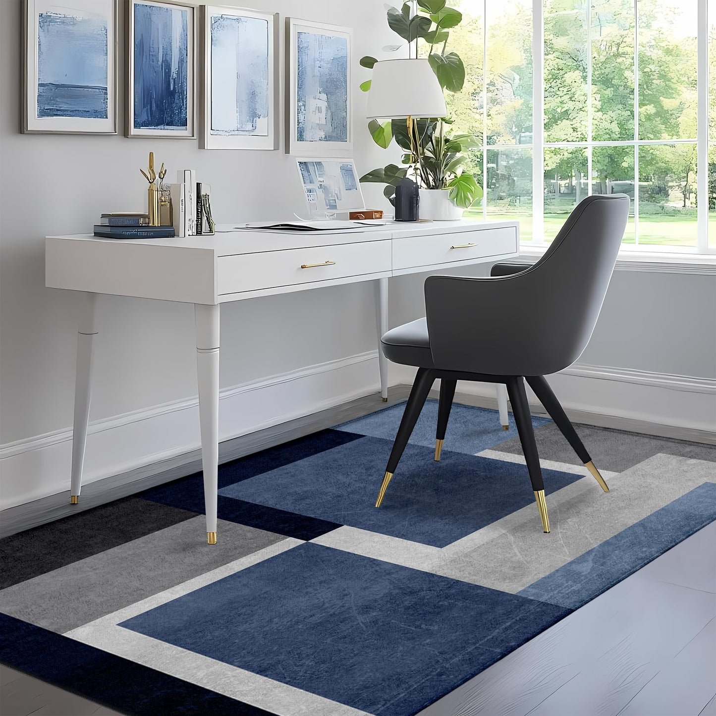 AICLIV Washable Low-Profile Geometric Area Rug, 0.2 inch Thin Abstract Rug Design for Living Room & Bedroom Decor, 3x5 ft Blue Grey Modern Non-Slip Floor Rug
