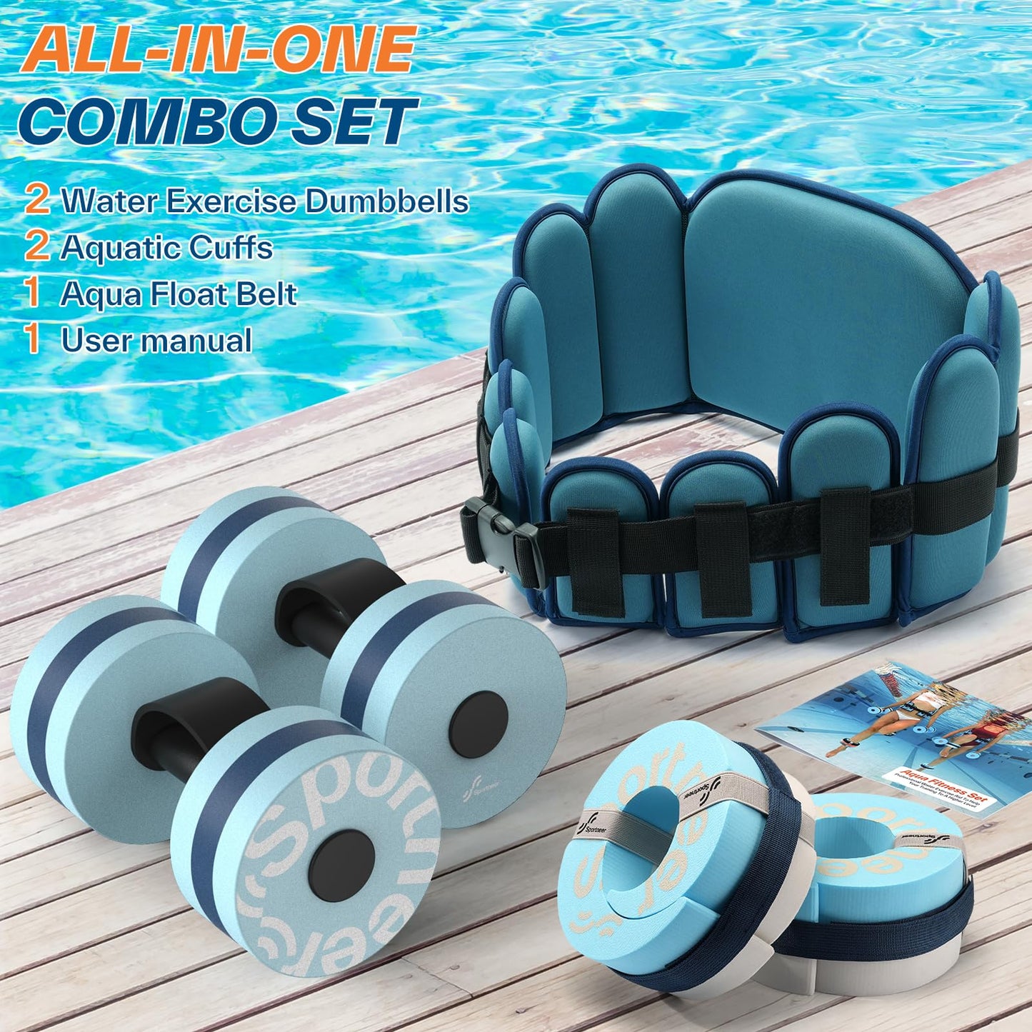 Sportneer Aquatic Exercise Equipment Water Aerobics Combo Set Includes High Density Water Weights Dumbbell Aqua Belt Foam Cuffs for Pool Exercise Aquatic Therapy Pool Fitness