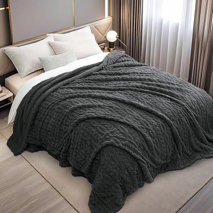 PHF Fluffy Sherpa Blanket Queen Size for Winter, Warm and Soft, 510GSM 3D Jacquard Thick Shaggy Fleece Plush Blanket for Sofa Bed, Dark Grey, 90"x90"