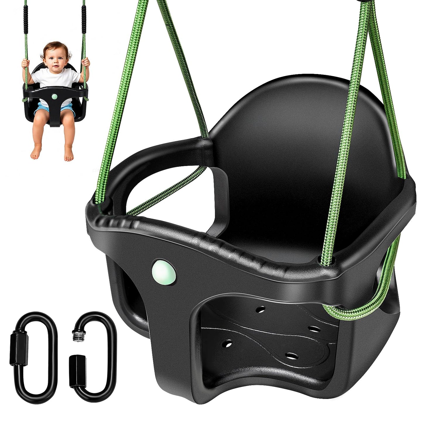 Dakzou Jungle Gym High Back Full Bucket Toddler Swing Seat Upgraded Heavy Duty with Finger Grip Chain Fully Assembled Swing Set Accessory，Black