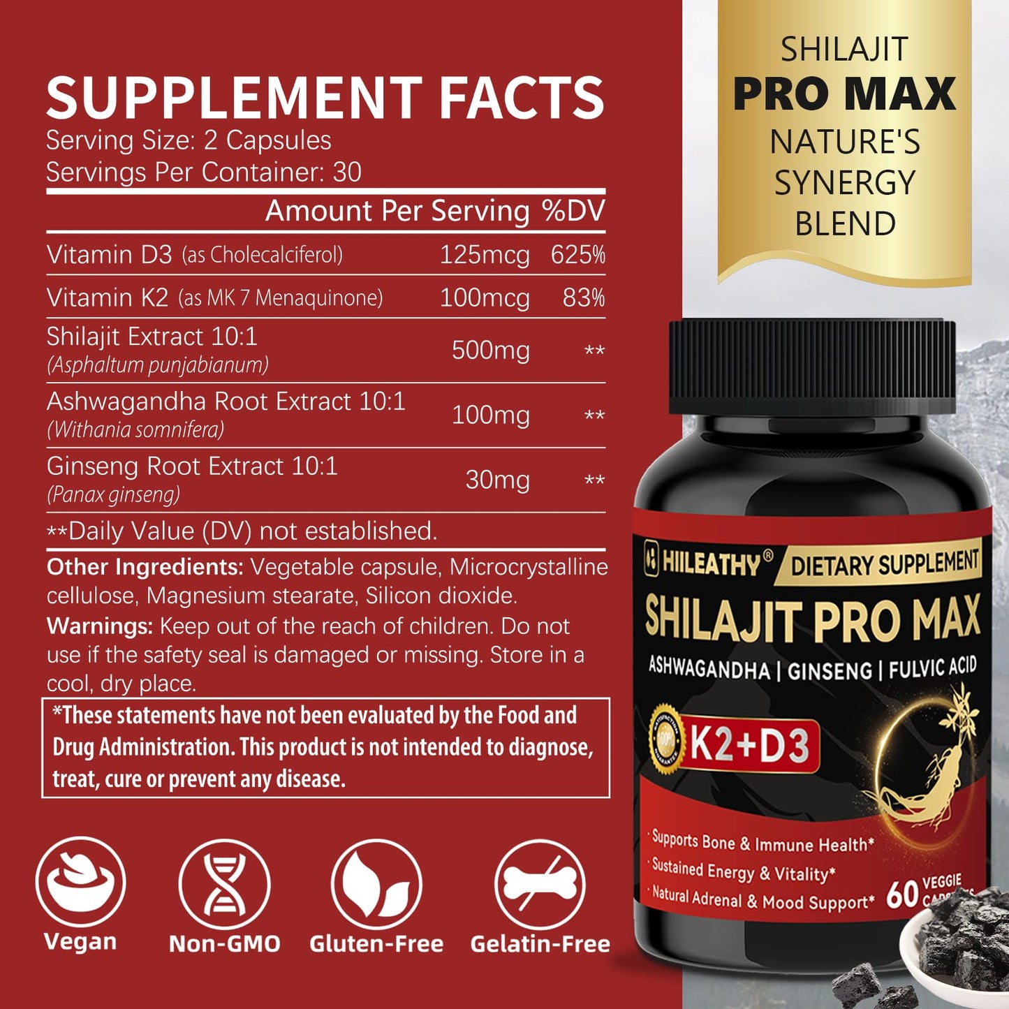 HIILEATHY Shilajit for Men Women, Shilajit w/Vitamin D3 K2, Shilajits for Men w/Fulvic Acid Ashwagandha Ginseng Root, Shilajits for Extra Power Stamina Immune Support, Non-GMO Made in US 60 Capsules