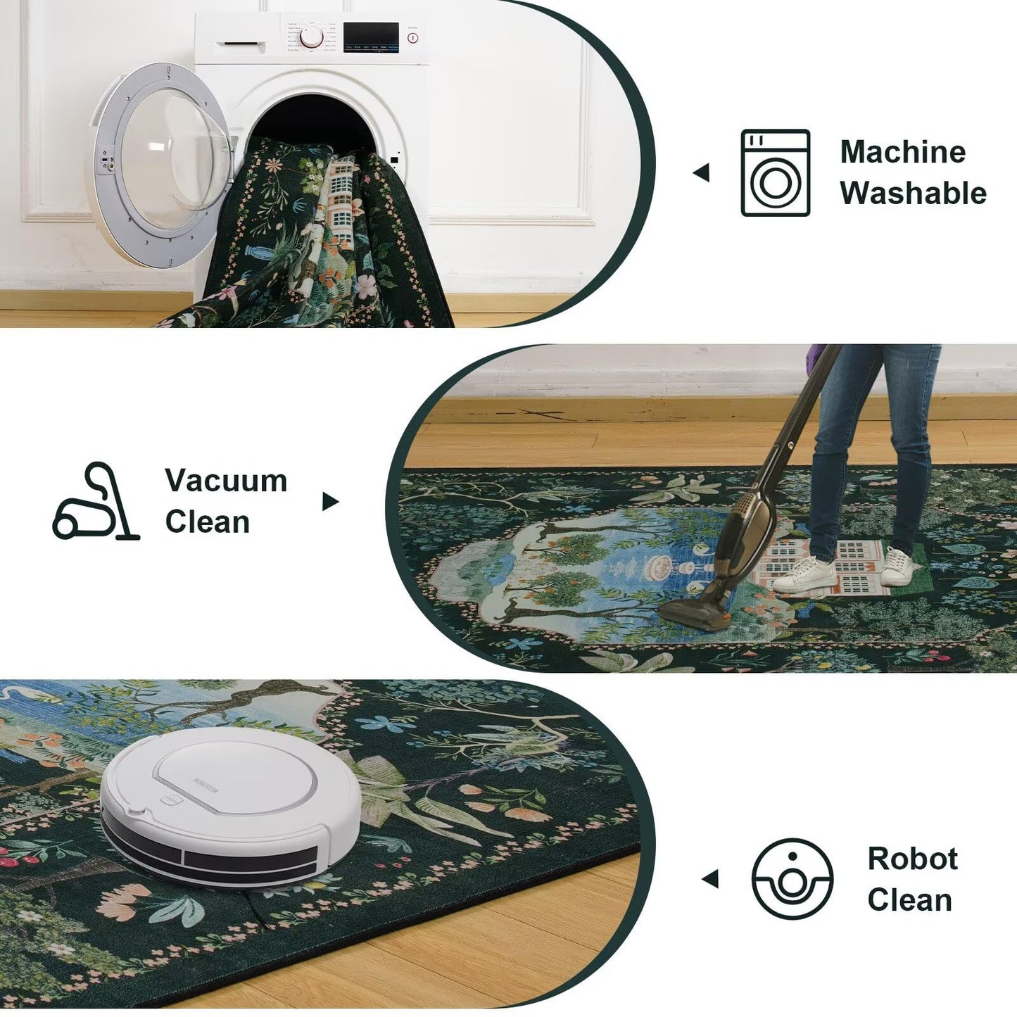 Vasofe 3x5 Bedroom Rug,Washable Rugs for Entryway, Living Room, Indoor Floor Mat, Modern Animal Peacock Floral Mats for Nursery, Farmhouse, Laundry Room, Non Slip Low Pile Soft Carpet, Black Green