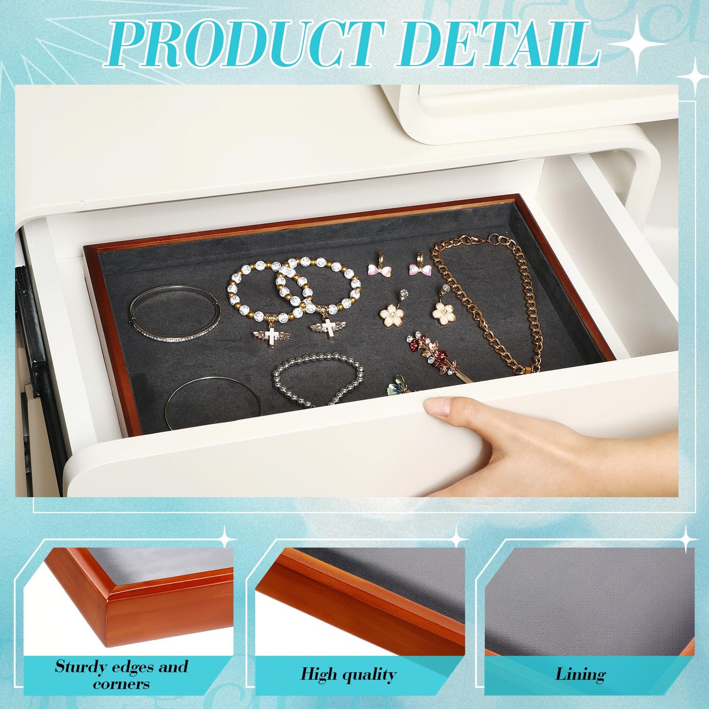 CroBlissful 2 Pcs Solid Wood Flat Jewelry Tray Stackable Jewelry Drawer Organizer Showcase Display Organizer Tray