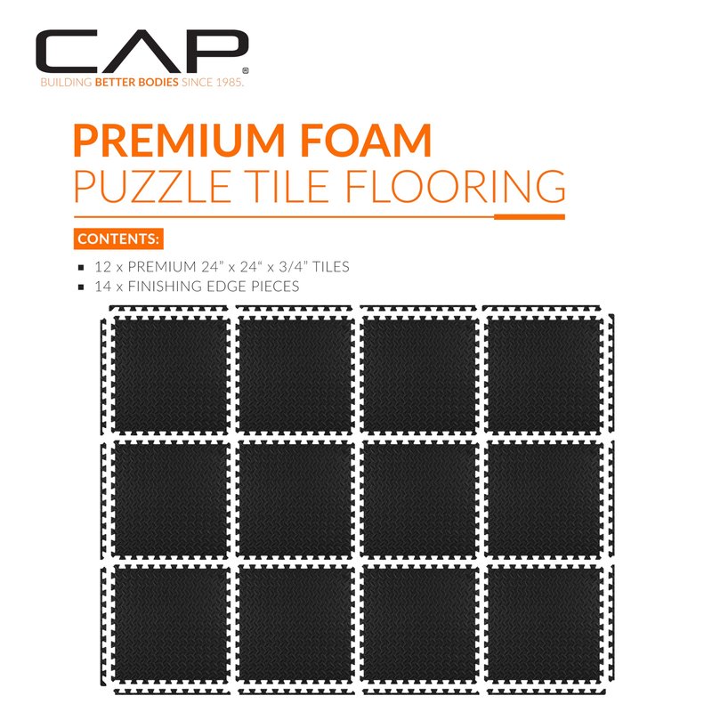CAP Barbell 3/4-Inch Interlocking EVA Foam Exercise Puzzle Mat Home Gym Flooring - 2 Pack | 24" x 24" x 3/4" | Diamond Pattern - Black